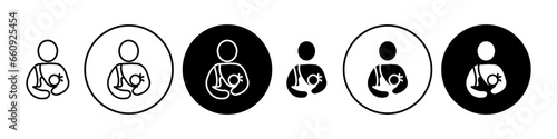 Breastfeeding vector icon set. Baby feed mother milk symbol in black filled and outlined style.
