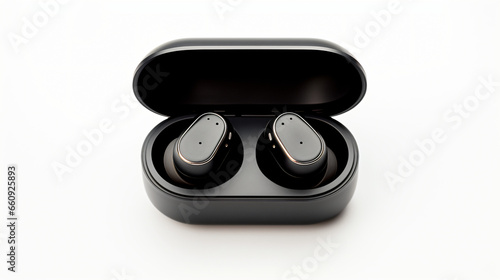 Front view of black wireless earbuds