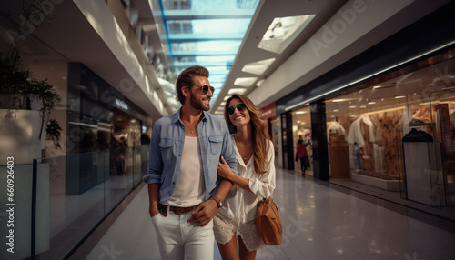 A couple going shopping is walking through a shopping center
