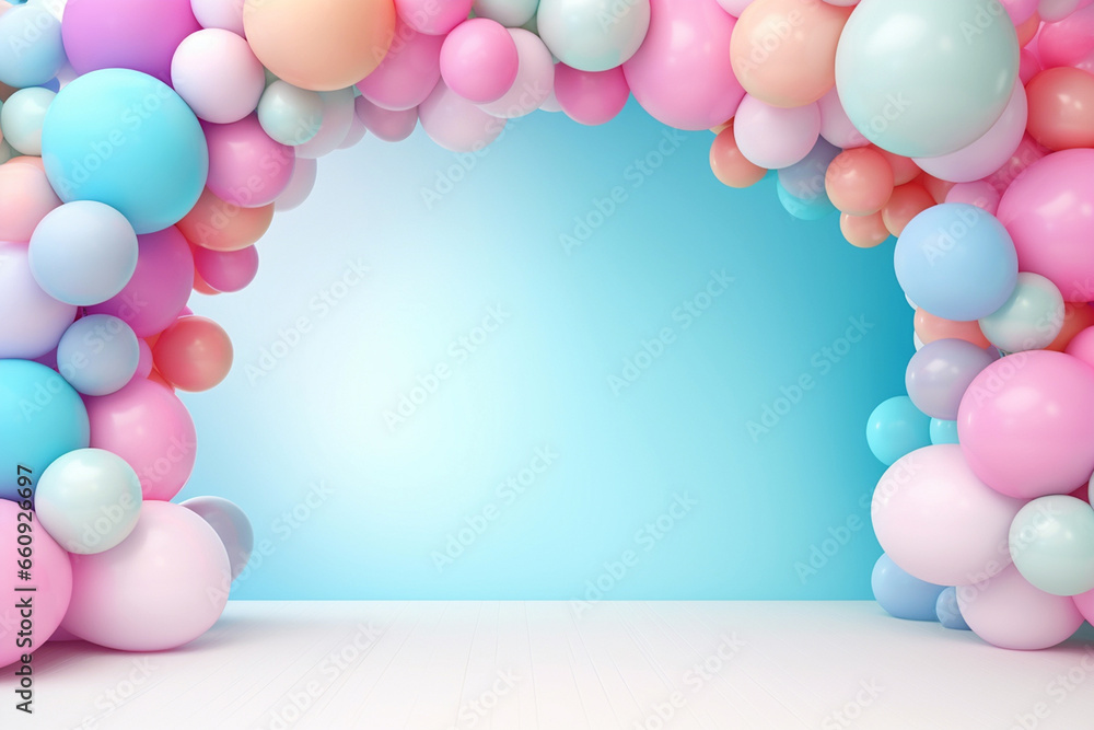 Helium balloons arch on pastel background. Wall decorated with colorful balloons for birthday party, baby shower, wedding. Mockup, template for greeting card. Composition with balloons, space for text