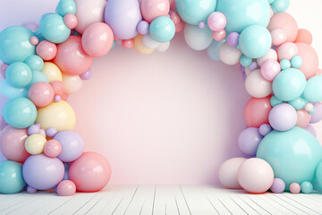 Helium balloons arch on pastel background. Wall decorated with colorful balloons for birthday party, baby shower, wedding. Mockup, template for greeting card. Composition with balloons, space for text