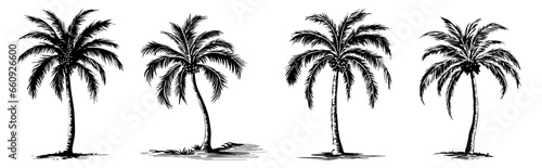 Set of woodcut illustration of palm trees  surfer lifestyle collection