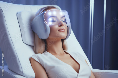 Woman with led light therapy facial beauty mask, photon therapy. Cosmetic procedure for woman face, LED facial mask treatment. Professional cosmetology anti-aging procedure. Skin care, spa and health.