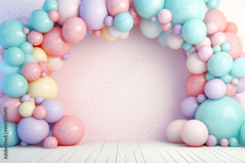 Helium balloons arch on pastel background. Wall decorated with colorful balloons for birthday party, baby shower, wedding. Mockup, template for greeting card. Composition with balloons, space for text