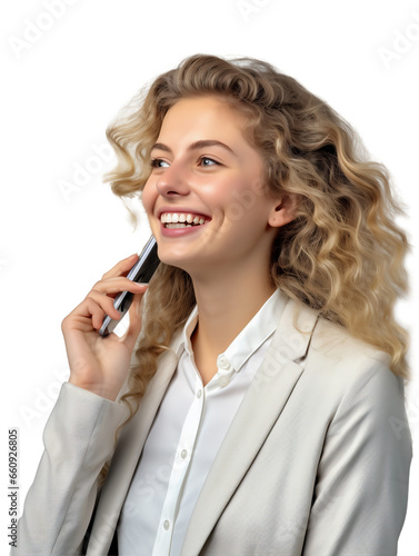 Woman talking on the phone. Smiling young woman talking on the phone. PNG file. Generative artificial intelligence
