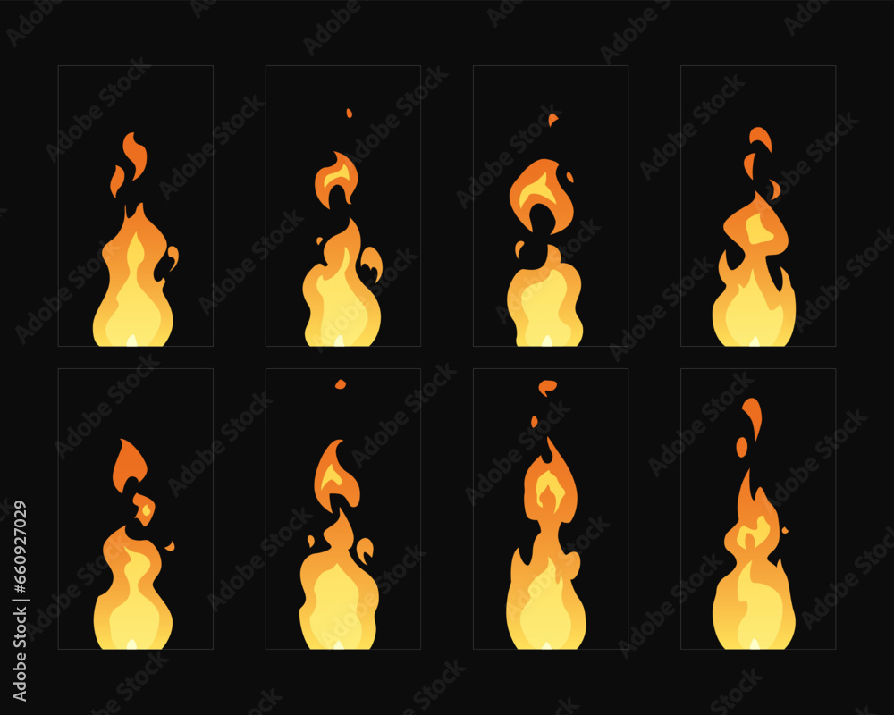 Set of fire flames. Flames sprites frame loop animation for cartoon ...