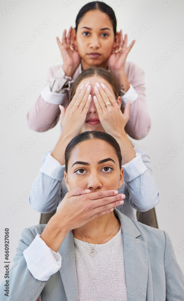 Portrait, business women and hand gesture for dont, speak, see or hear on wall background. Corporate, compliance and face of wok friends with emoji for opinion, silence or listen, vision or voice Portrait, business women and hand gesture for dont, speak, see or hear on wall background. Corporate, compliance and face of wok friends with emoji for opinion, silence or listen, vision or voice