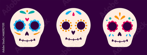 Vector Dia de los muertos set. Collection of different mexican traditional sugar skulls. The day of the dead.