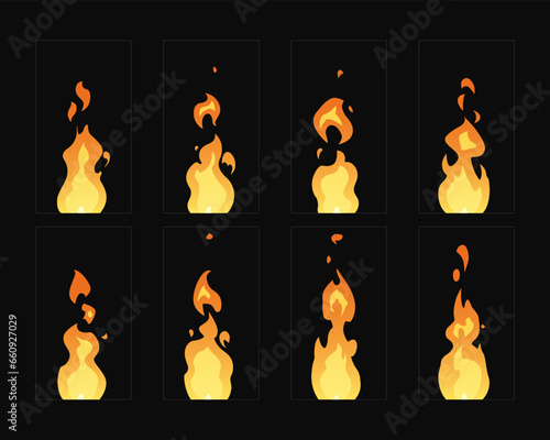 Set of fire flames. Flames sprites frame loop animation for cartoon, video game, motion graphic. Vector editable illustration art.