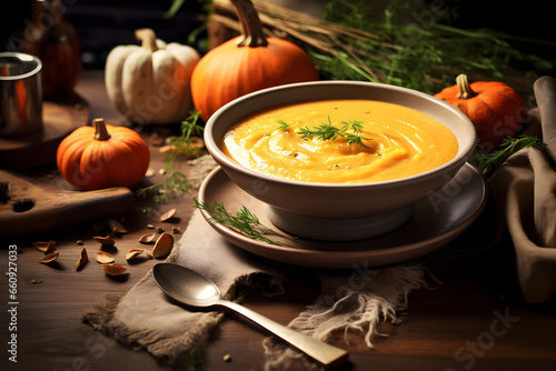 Warm pumpkin soup on table, seasonal food