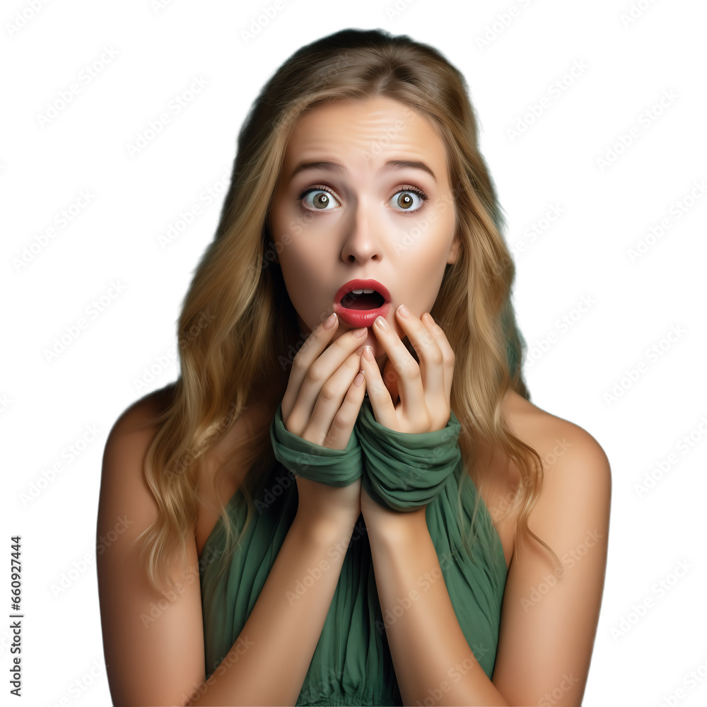 The figure of a scared woman covering her face with her hands on a light transparent background. PNG file. Generative artificial intelligence The figure of a scared woman covering her face with her hands on a light transparent background. PNG file. Generative artificial intelligence