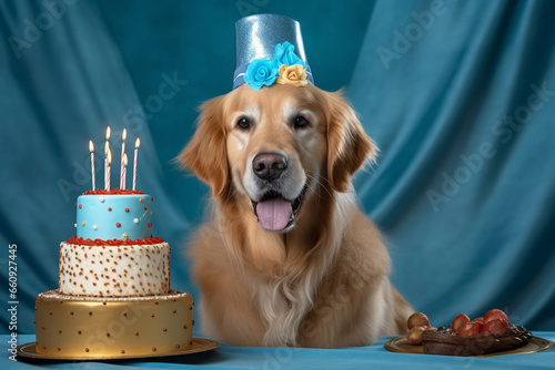 Funny labrador or golden retriever dog with birthday hat and lit candles. Ai generated