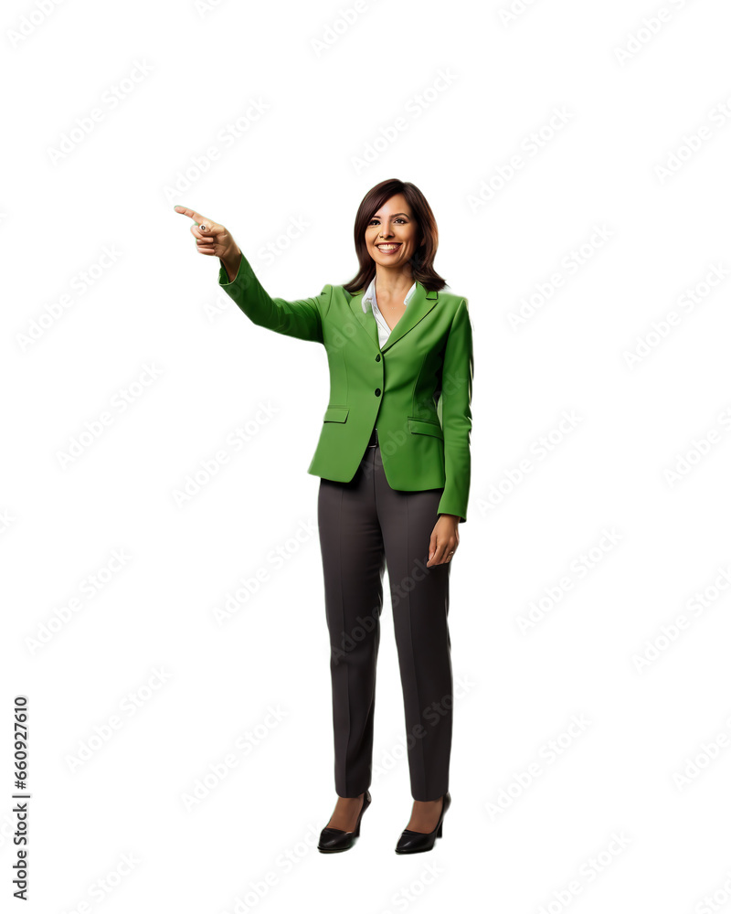 Businesswoman. Woman figure pointing finger on white transparent background. PNG file. Generative artificial intelligence Businesswoman. Woman figure pointing finger on white transparent background. PNG file. Generative artificial intelligence