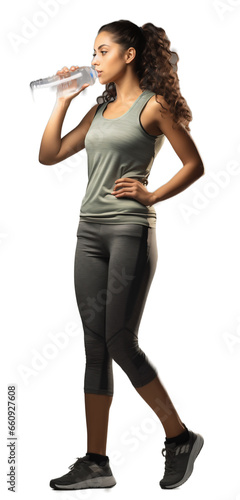 Woman drinking water. Woman athlete. Woman figure in sportswear drinking water on a white transparent background. PNG file. Generative artificial intelligence