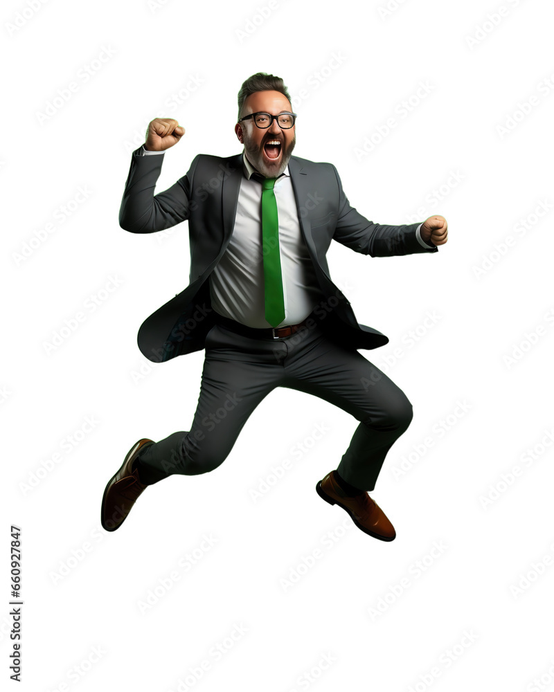Man jumping. The character of a businessman jumping for joy on a light transparent background. PNG file. Generative artificial intelligence