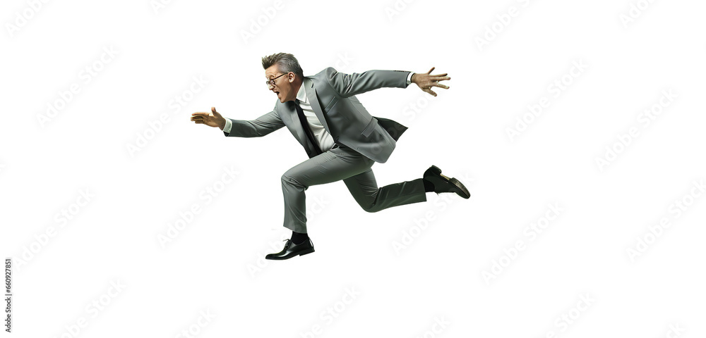 Businessman jumping in the air. The character of a businessman jumping for joy on a light transparent background. PNG file. Generative artificial intelligence Businessman jumping in the air. The character of a businessman jumping for joy on a light transparent background. PNG file. Generative artificial intelligence