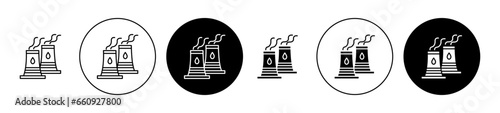Cooling tower vector icon set. Thermal nuclear power plant tower icon. Nuclear reactor station steam chimney sign in black filled and outlined style for ui designs.