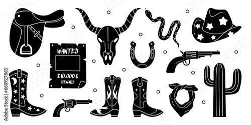 Vector western silhouette set. Retro collection of cowboy boots, hat, gun, cactus, horseshoe, cow skull, saddle. Wild west and Texas concept. Cowboy elements in black and white colors.