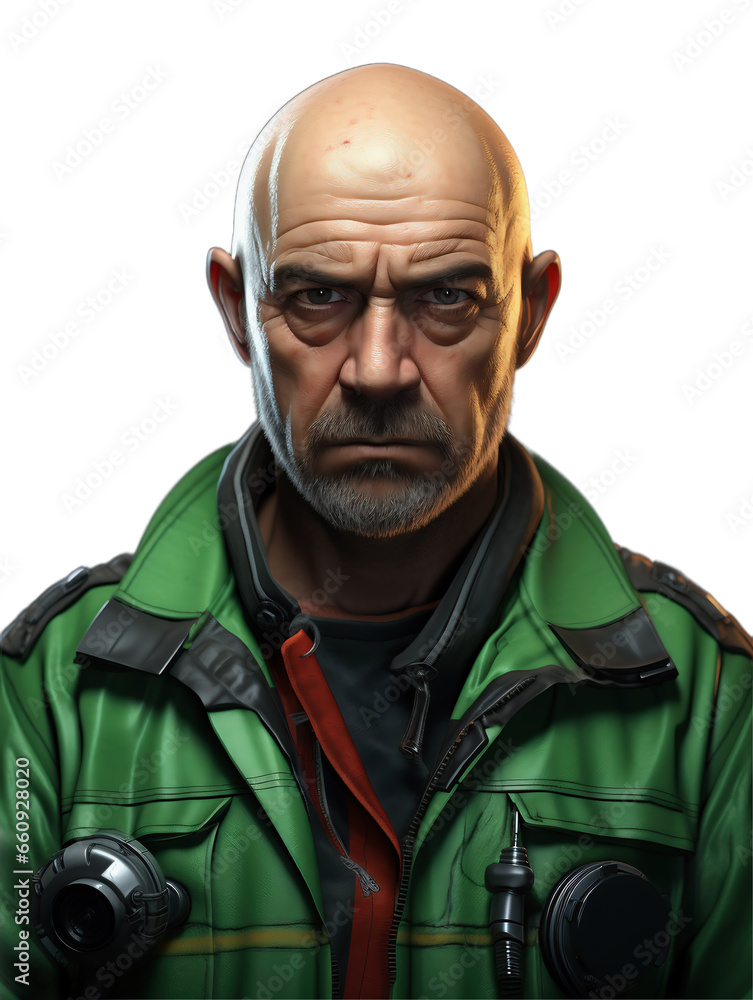 Fototapeta premium Portrait of a person. Mechanic character on a light transparent background. PNG file. Generative artificial intelligence