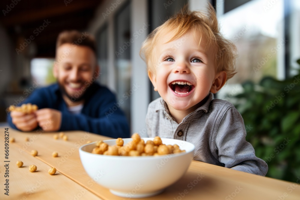 Happy toddler child boy eating a small bowl full of food. Parent is looking after him on the background