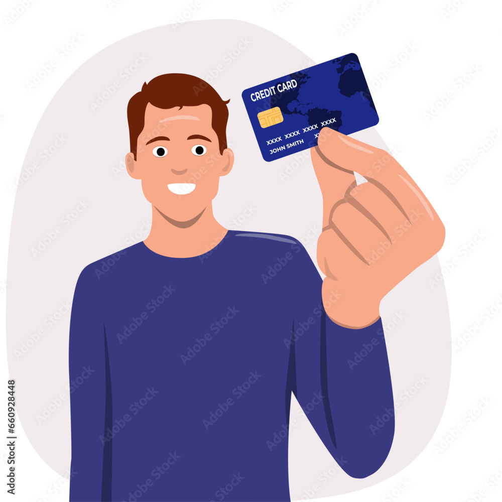 Happy young businessman showing credit, debit, ATM card. Man making raised hand fist gesture. Male character design illustration. Human emotions, facial expressions. Flat vector