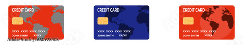 Detailed credit cards set with colorful blue and red design background. Vector illustration