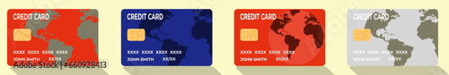 Detailed credit cards set with colorful blue, red, silver design background. Vector illustration