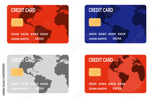 Detailed credit cards set with colorful blue, red, silver design background. Vector illustration