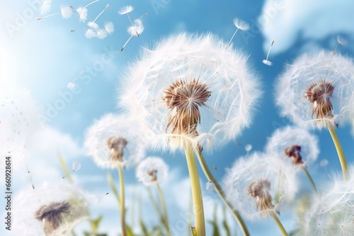 White dandelions with seeds floating against a blue sky. Generative AI