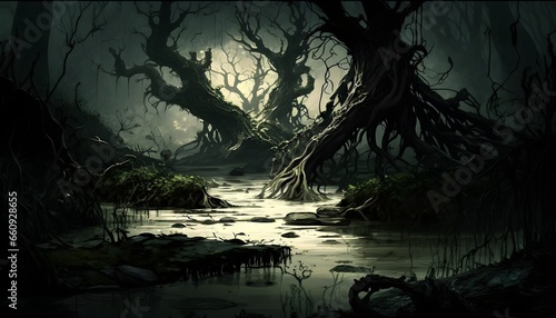 Swamp a murky stagnant pool of water surrounded by thick tangled vines and mossy trees The air is thick with humidity and the ground is slick with mud and rotting vegetation The atmosphere is 