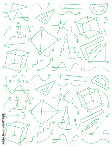 Geometry sketch doodle background. Studying at school. Vector editable stroke line size.
