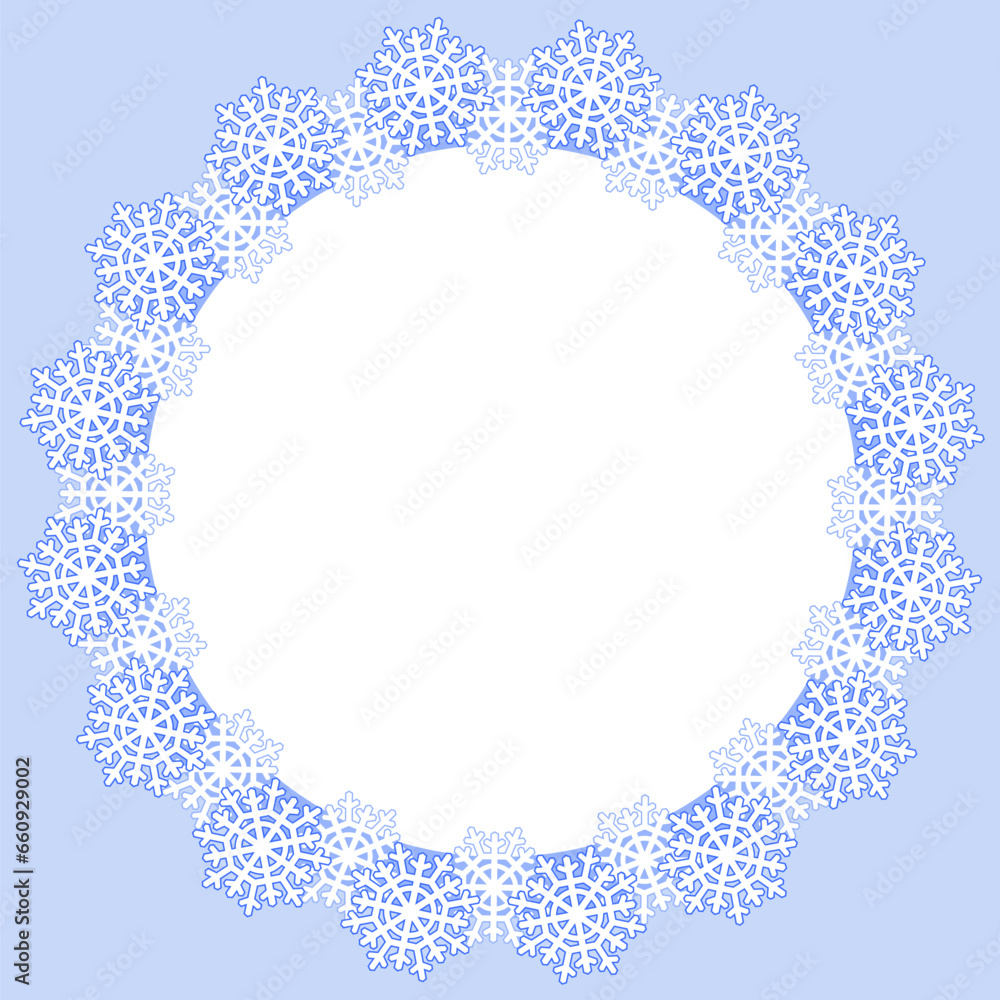 Сhristmas card with snowflakes. Round frame made of white snowflakes. Greeting card template for Christmas and New Year. Vector illustration Сhristmas card with snowflakes. Round frame made of white snowflakes. Greeting card template for Christmas and New Year. Vector illustration