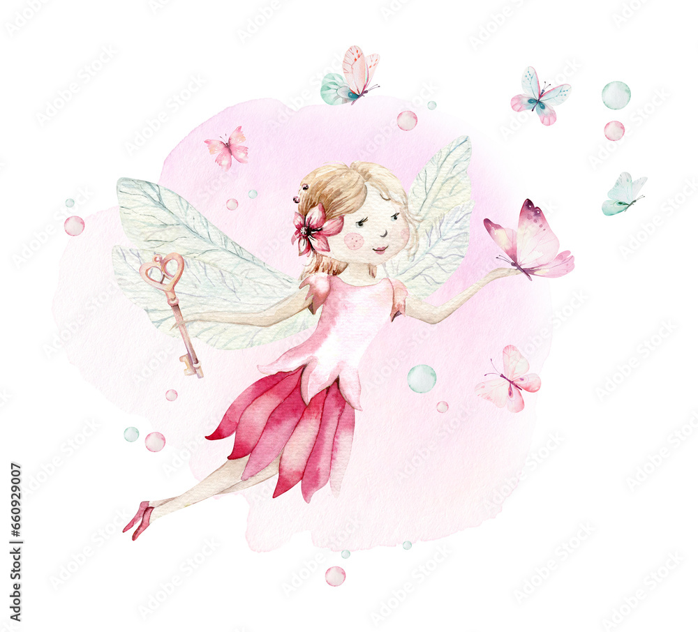 Cute Fairy character watercolor illustration on white background. Magic fantasy cartoon pink fairytale design. Baby girl birthday