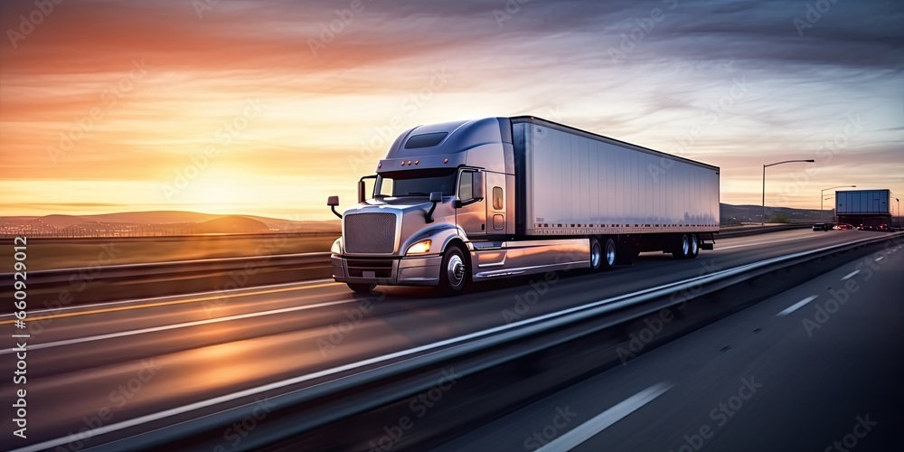 Truck on highway at sunset. Sun dips below horizon casting warm orange glow across open powerful semi-truck loaded with cargo races towards distant