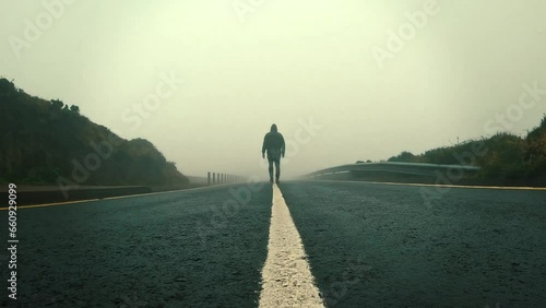 A man walking into the fog on the line of a lonely street with a hood photo