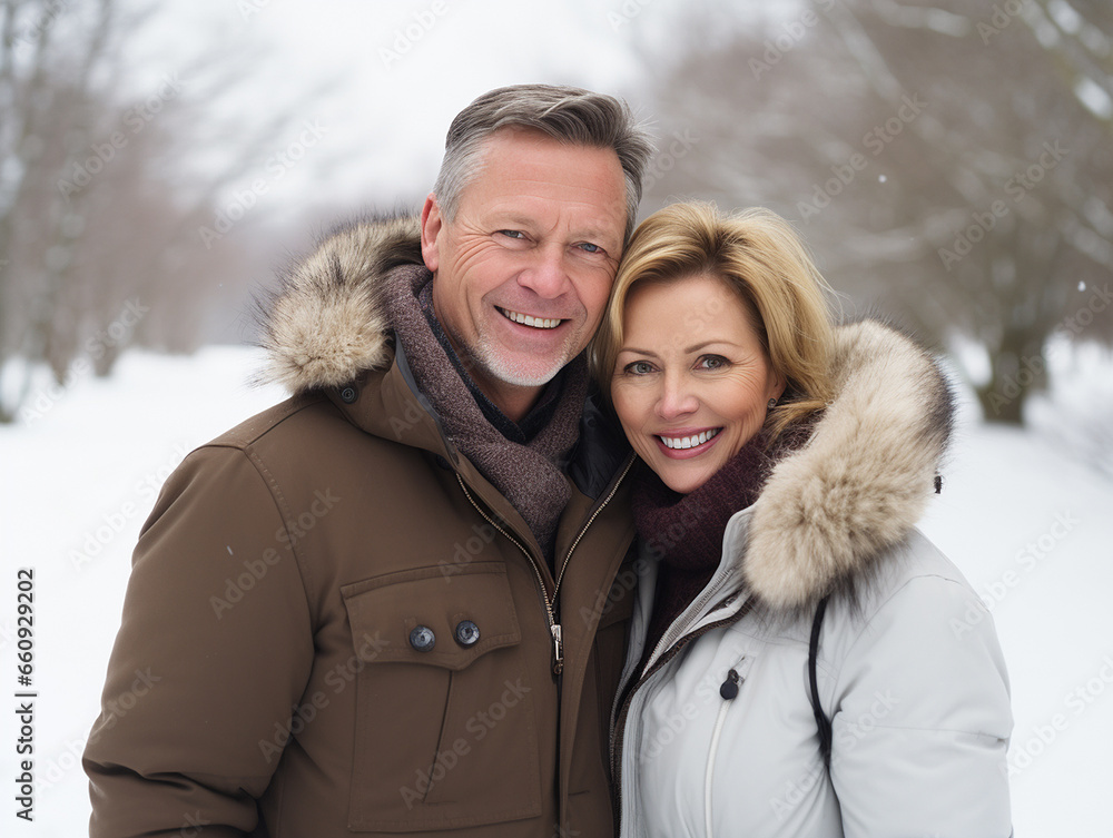 Happy smiling middle-aged couple in winter forest. Close-up portrait. Active and eventful life Happy smiling middle-aged couple in winter forest. Close-up portrait. Active and eventful life