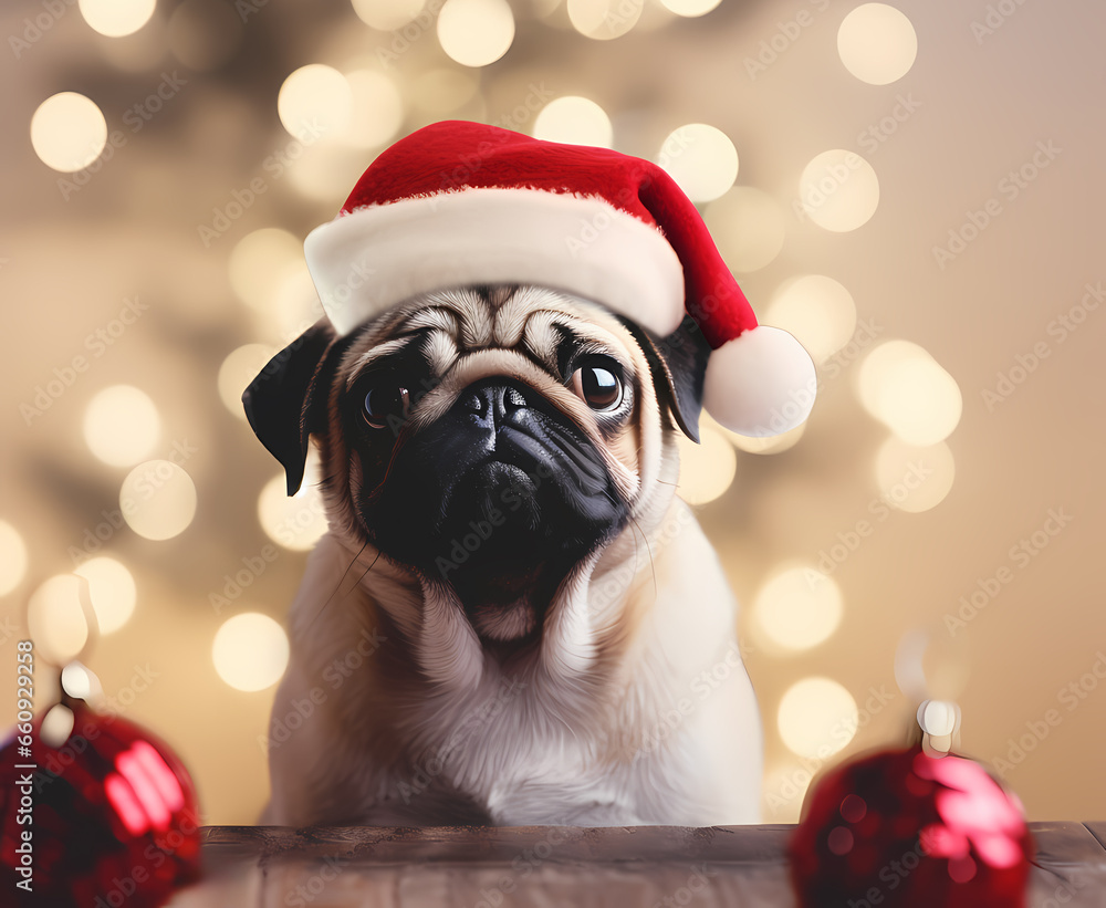 pug dog with santa claus hat cap on head isolated or on christmas background,bokeh light, for tree, balls toys.pet with tongue outside,happy muzzle.generative ai