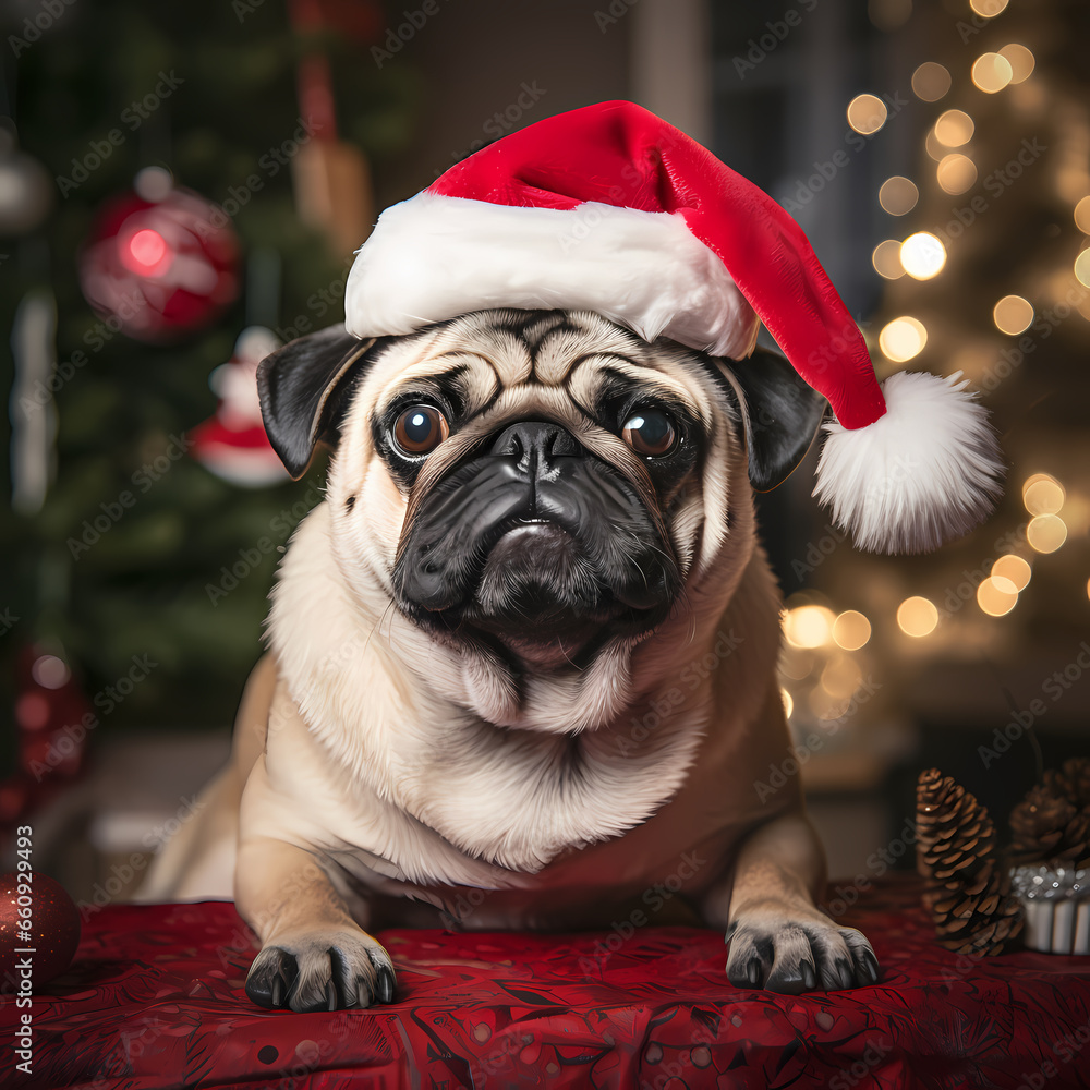 pug dog with santa claus hat cap on head isolated or on christmas background,bokeh light, for tree, balls toys.pet with tongue outside,happy muzzle.generative ai