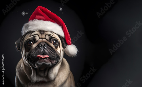 pug dog with santa claus hat cap on head isolated or on christmas background,bokeh light, for tree, balls toys.pet with tongue outside,happy muzzle.generative ai