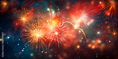 Colorful Fireworks background Abstract holiday background with fireworks and stars. Colorful Fireworks Abstract: Night Sky Explosions and Joyful Celebration. AI Generative