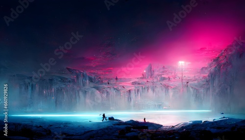 cyberpunk field magenta and blue soft lighting reflections dusk texture of ice 3d rendering futuristic warmth cool 