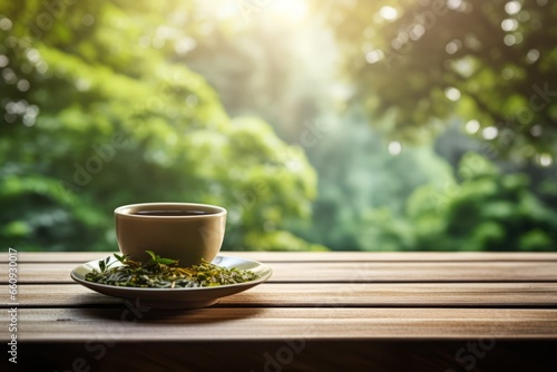 A steaming cup of Genmaicha tea on a rustic wooden table, with a backdrop of a serene Japanese garden in soft morning light