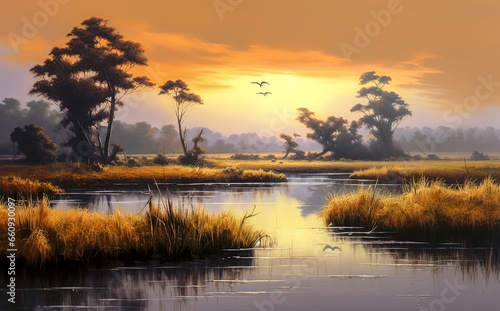 Acrylic painting of a landscape - the sunset sky is reflected in a lake in a large clearing in the forest.