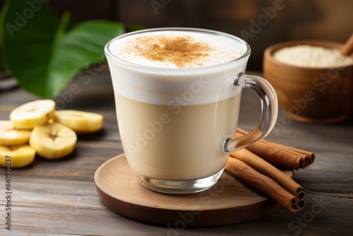 A warm, creamy banana latte served in a clear glass mug, frothy on top, with a fresh banana slice and cinnamon stick garnish, on a rustic wooden table under soft, natural light