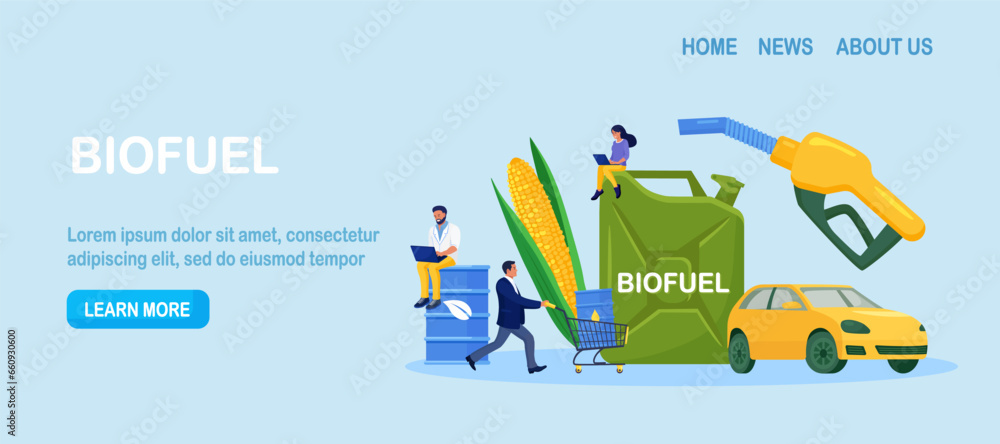 Biofuel petrol refill station with vehicles. Renewable energy source derived from organic materials. Reducing greenhouse gas emissions. Alternative green diesel. Environmental care, sustainability
