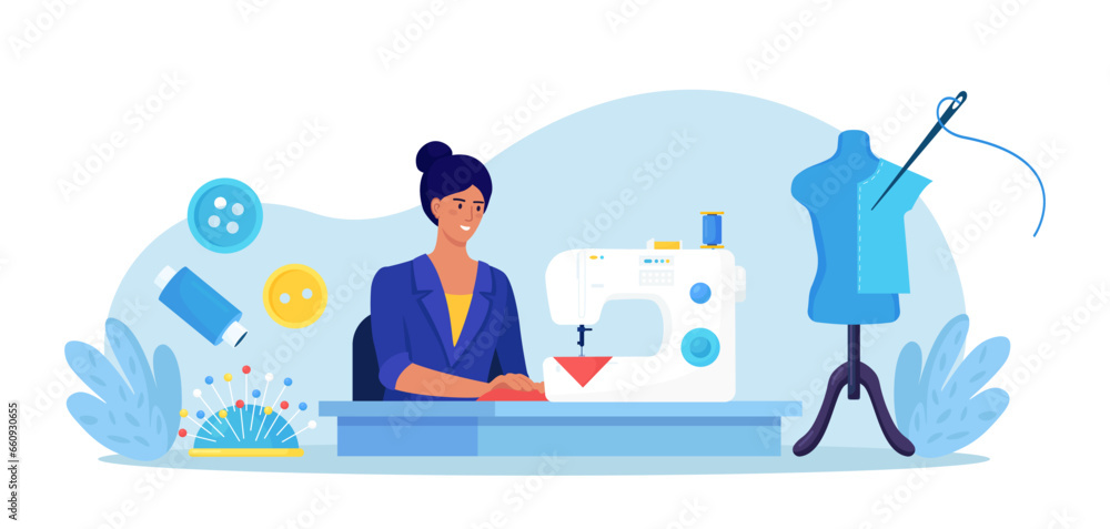 Manual sew machine with needle, threads, button. Dressmaker create apparel on sewing machine. Tailoring, textile craft business. Tailor sewing clothes. Creative atelier. Fitting on dress on mannequin