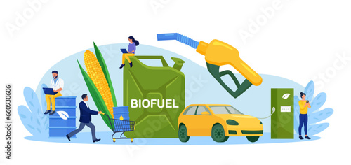 Biofuel petrol refill station with vehicles. Renewable energy source derived from organic materials. Reducing greenhouse gas emissions. Alternative green diesel. Environmental care, sustainability