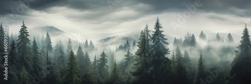 Misty Hipster Winter Foggy Landscape with Fir Forest in Vintage Retro Style. Wood in Mist and Fog. Generative AI