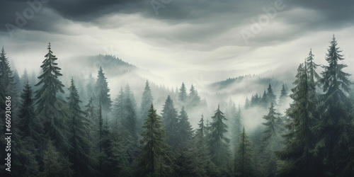 Misty Hipster Winter Foggy Landscape with Fir Forest in Vintage Retro Style. Wood in Mist and Fog. Generative AI