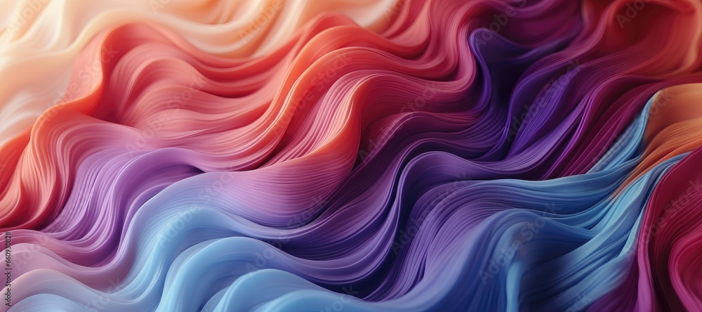 Layers of vibrant, colorful fabrics artfully arranged together to form an intricate flow-like wave with a rich spectrum of hues and textures. Photorealistic illustration Layers of vibrant, colorful fabrics artfully arranged together to form an intricate flow-like wave with a rich spectrum of hues and textures. Photorealistic illustration